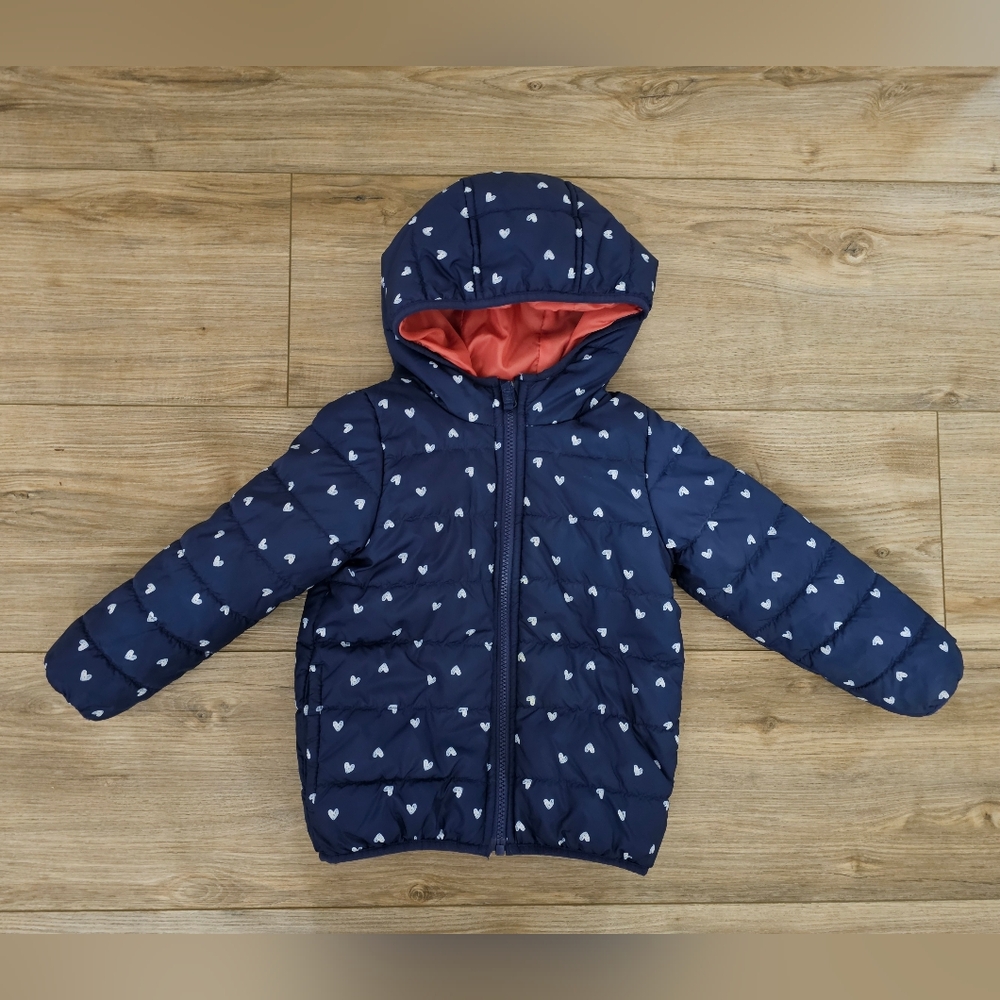 Navy Blue Heart Patterned Puffer Jacket